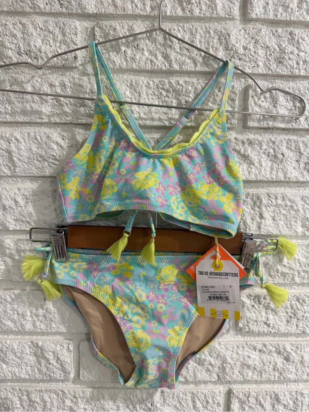 Shade Critters Crochet Floral Two-Piece Swim Set with Yellow Tassel Accents